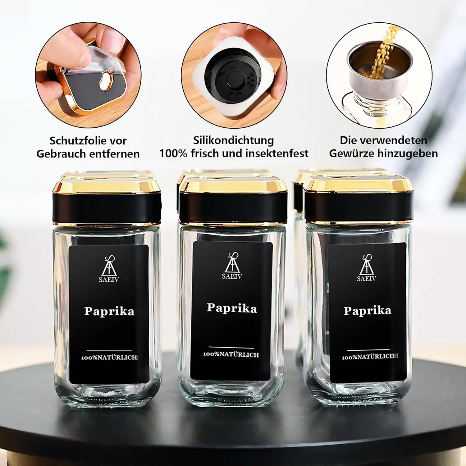 SIAZIH Versiegelte Gewürzgläser mit Deckel, 12/24-teiliges 120ml Glasgläser-Set, komplett mit Etiketten, Trichter und Bürste, Gewürz-Organizer für die Küchen-Gewürzaufbewahrung, Gewürzgläser. – Detail 6