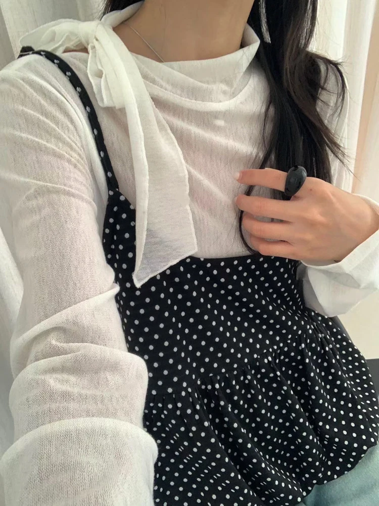 

Весенний женский комплект 2026: нежный топ-жилет в горошек и многослойный комплект из двух предметов с круглым вырезом из полиэстеровой смеси, модный многослойный образ