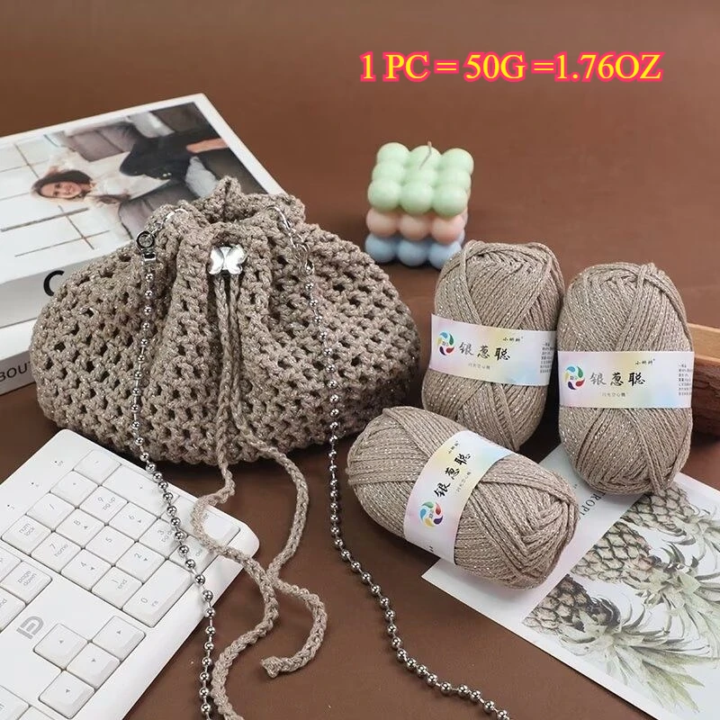 

50g Bling Knitting Yarn Hollow Crochet Yarn For Handbag Hat Doll DIY Craft 2.5mm Woven Thread New Soft Colorful Shinny Yarn Ball