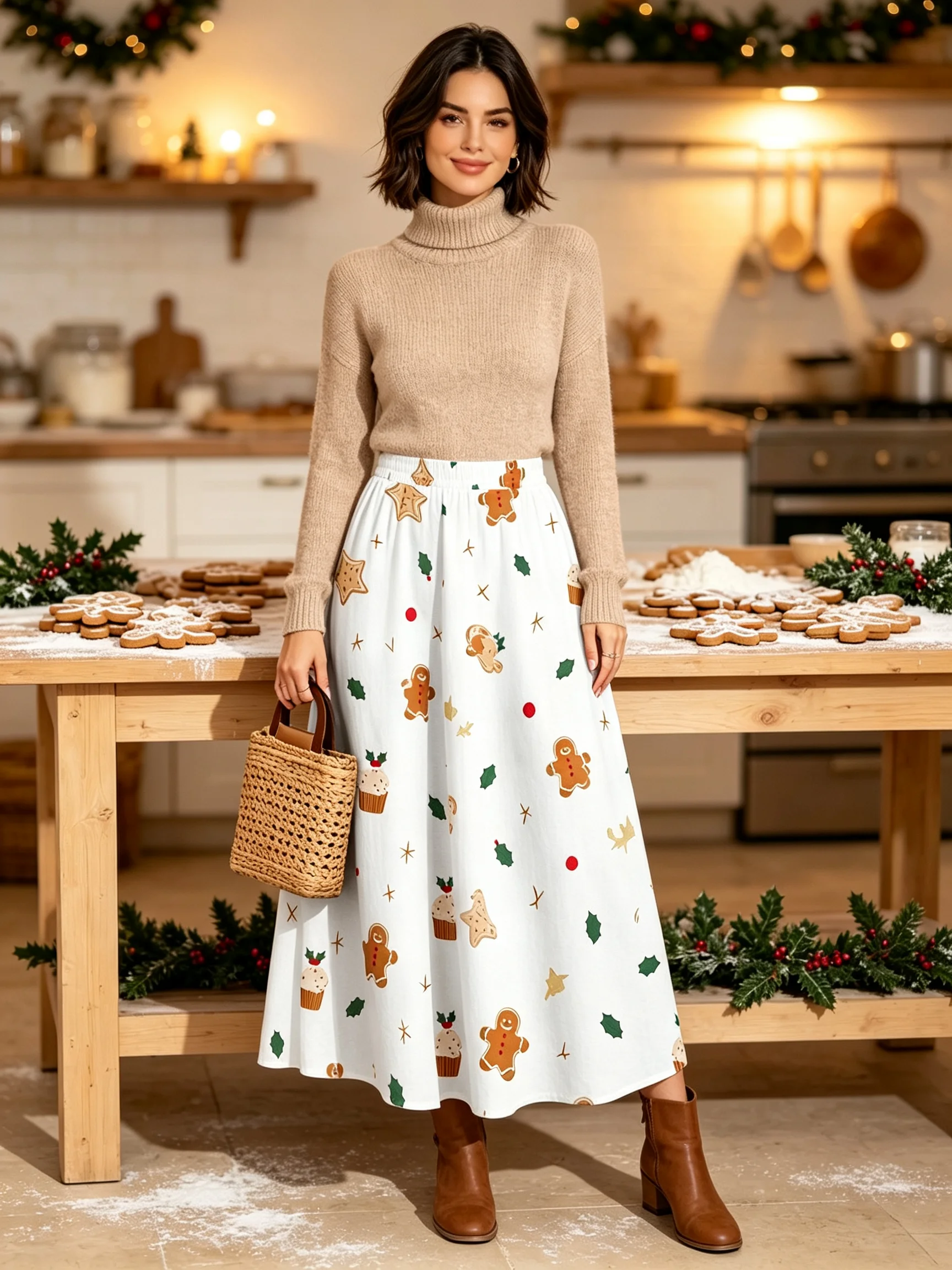 Women Christmas Series Print High Waist Maxi Skirt Xmas Holiday Party A‑Line Flowy Loose Long Skirts