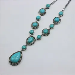 ZFSILVERFashion Retro Ethnic Sliver Plated Synthetic Turquoise Waterdrop Round Sweater Neckalce For Bohemian Jewelry Accessories