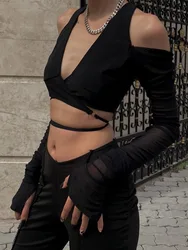 Sexy Black Crop Tops Streetwear Women Fashion 2025 Lace Up Bandage V Neck Cut Out Long Sleeve T Shirts