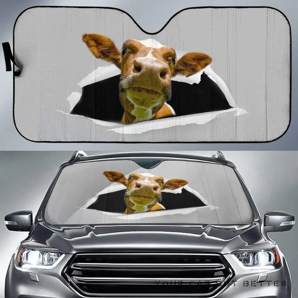 Funny Dairy Cow Breaking Paper Wall Car Sunshade, Dairy Caw Farm Animal Cracked Wallpaper Auto Sun Shade, Windshield Visor for U