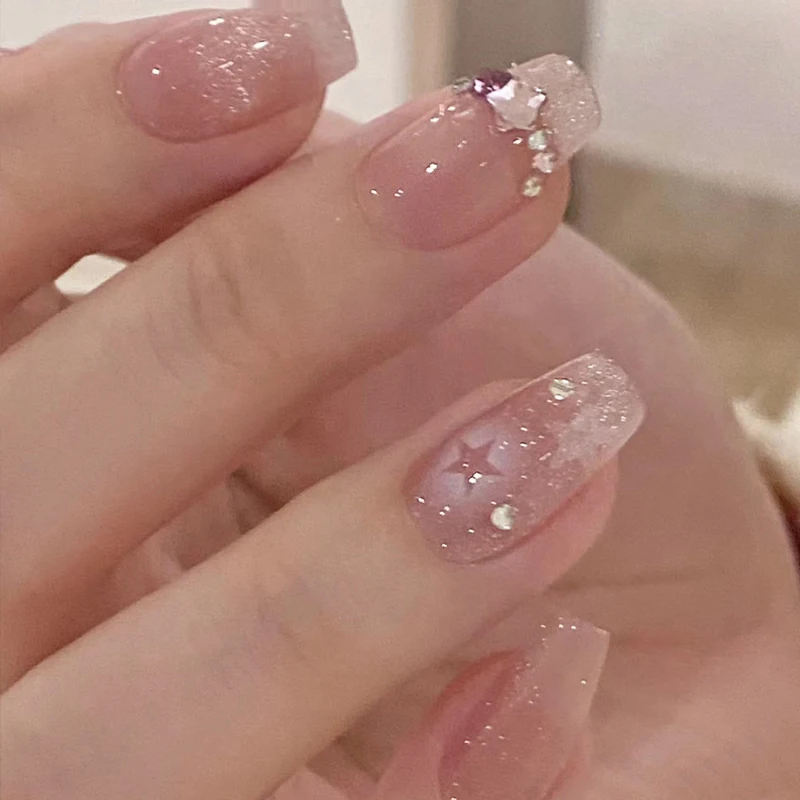 Set de 24 uñas postizas con brillantina y diamantes, color rosa empolvado, efecto ojo de gato, dulces y lindas, cortas cuadradas