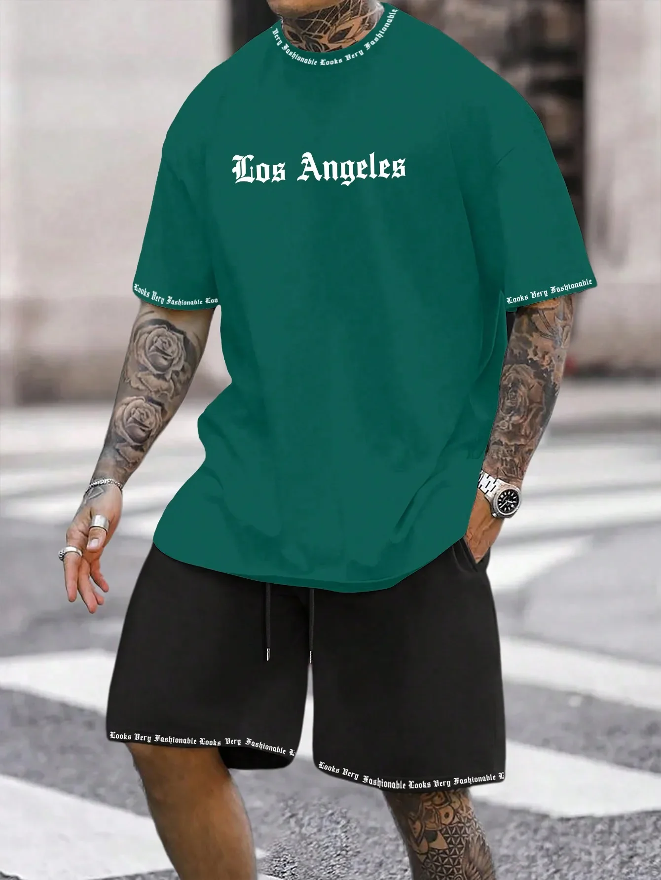 Modischer Street Herren-T-Shirt mit schlichtem Monogramm-Aufdruck, Rundhalsausschnitt, kurzen Ärmeln und Shorts, Sommer-Freizeit-Sportanzug