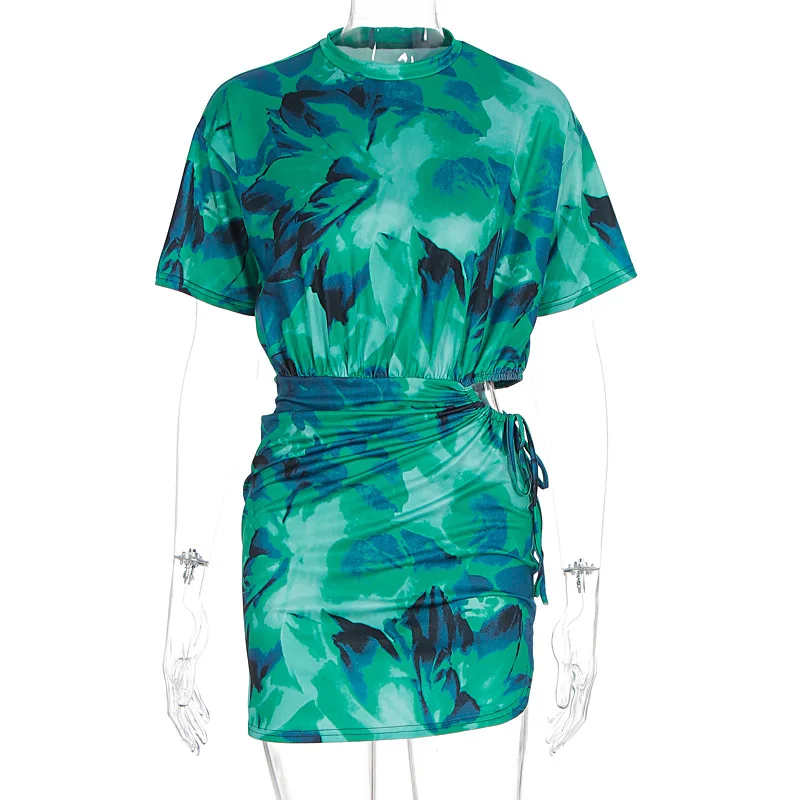 Yuzhexi clássico tie-dye plissado vestido verde apertado feminino cintura recorte manga curta verão graffiti bainha robe