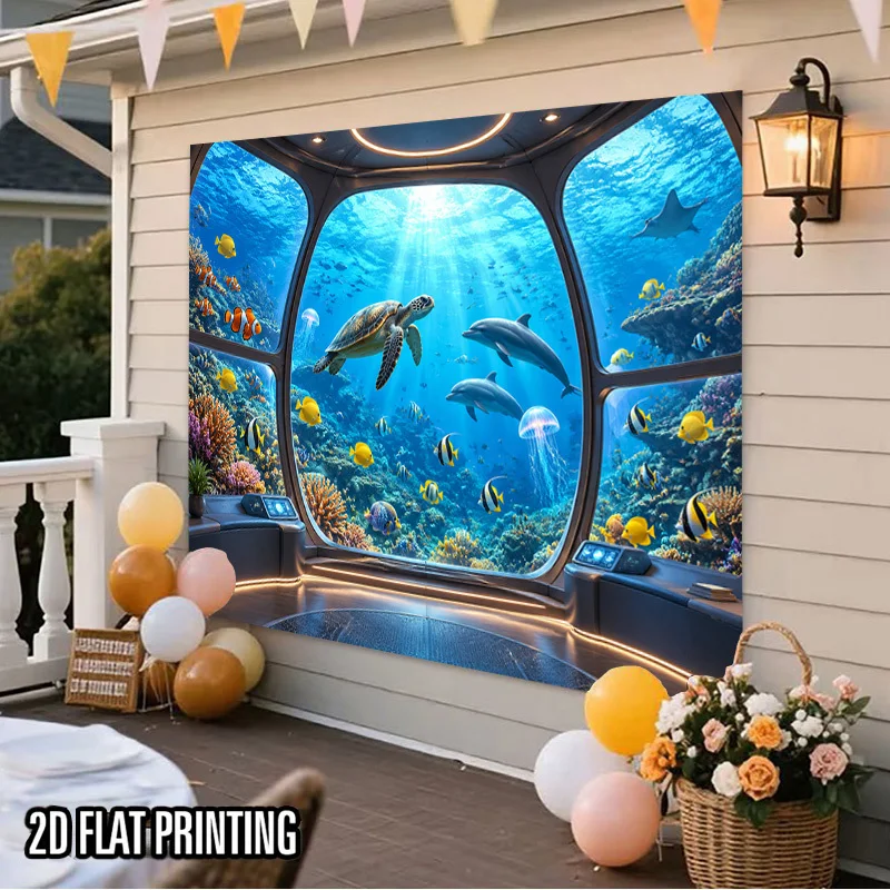 Submarine View Tapestry, Sea Turtle Dolphin, Coral Reef, Tropical Fish Scene Wall Hanging for Bedroom, Dorm, Home Wall Decor