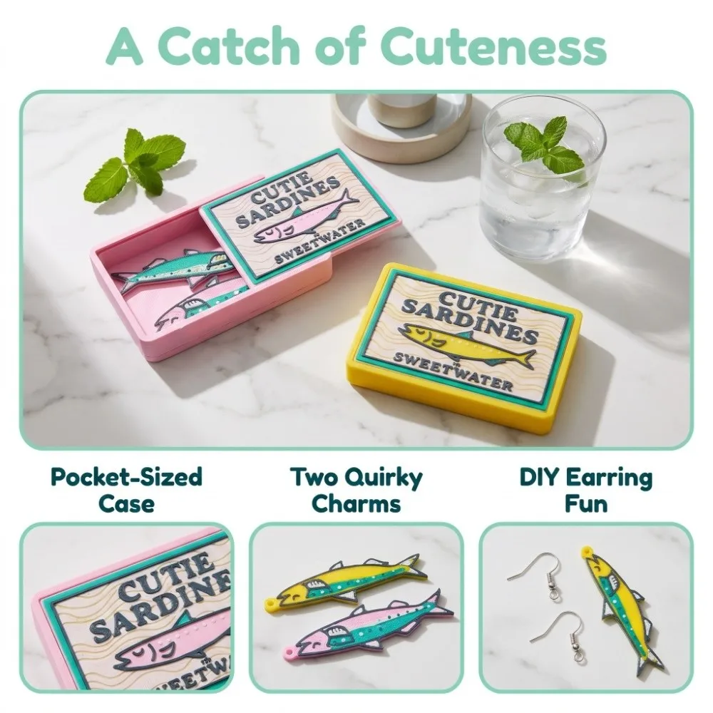 3D Printed Sardines Earrings Jewelry Box Headwear Multi Functional Ocean Animal Hair Clips Durable Creative Earring Storage Box