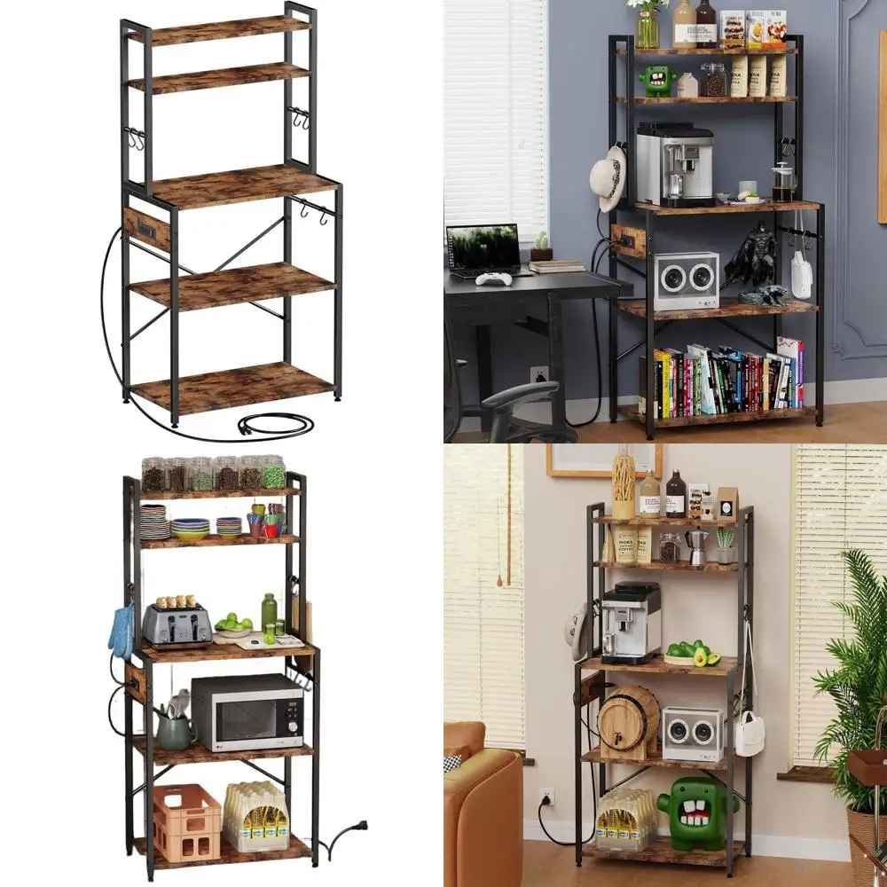 

5-ярусная кухонная полка-стеллаж в деревенском стиле, коричневая, с розеткой, кофейным столиком, подставкой для микроволновки и 6 S-образными крючками для специй и кастрюль
