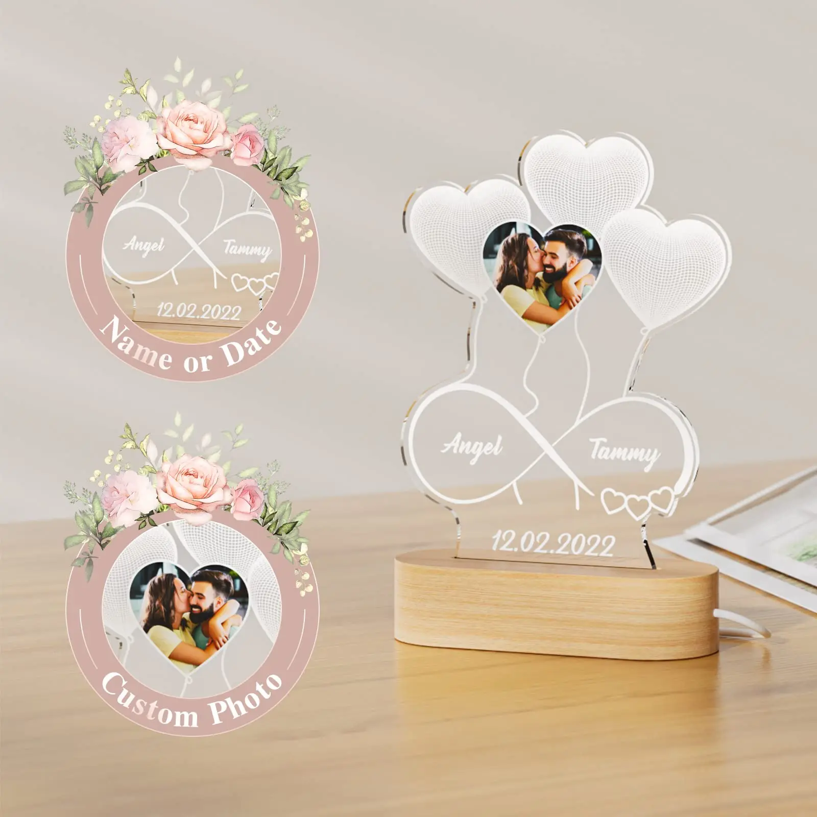 3D Photo Lamp Custom Photo And Text Engrave Wooden Base Customized Valentine's Day Wedding Anniversary Birthday 3D Lamp Gifts