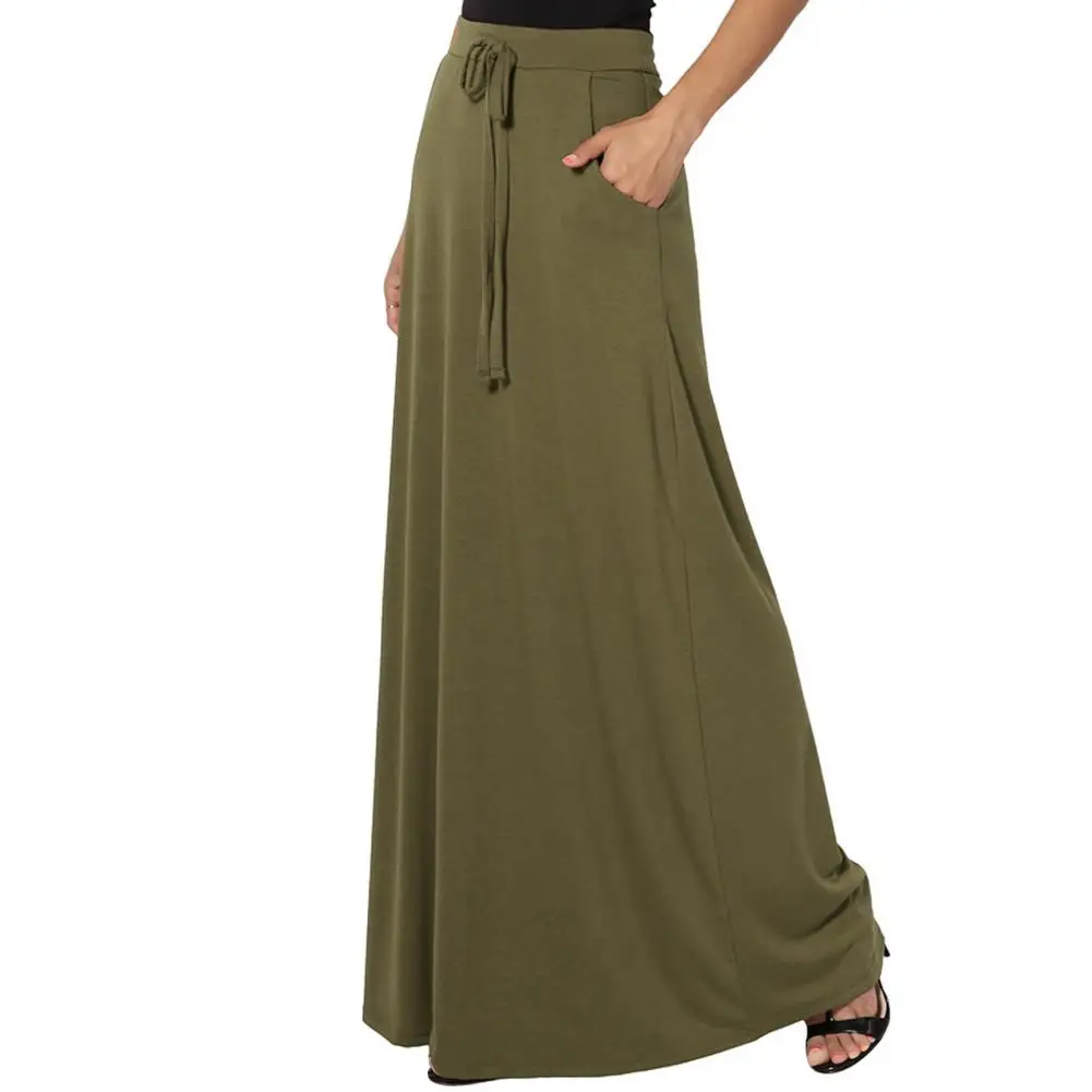 

Women Skirt Elegant High-waisted with Pockets for Adjustable Drawstring Solid Color Long Skirt