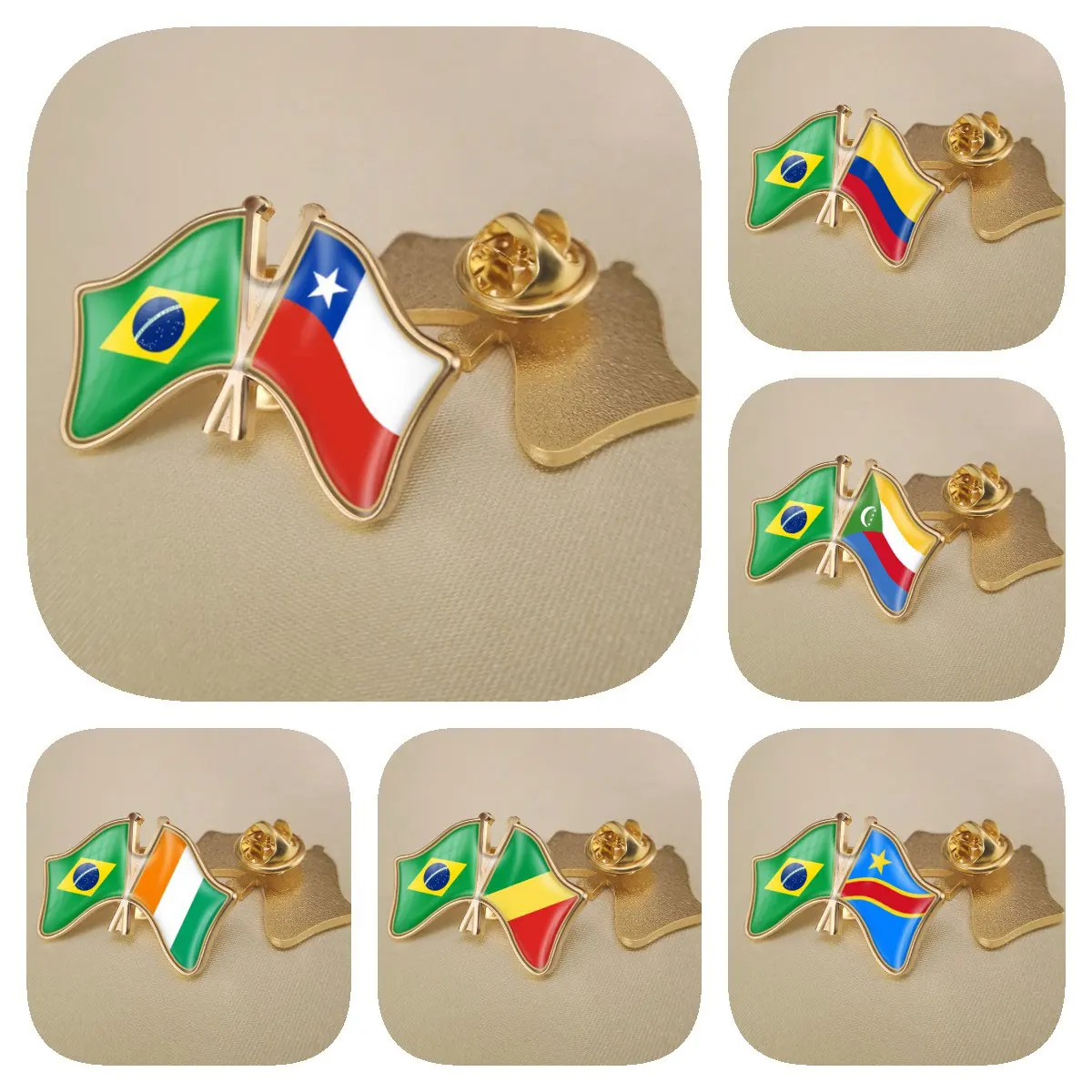 Brazil and Chile Colombia Comoros Congo Democratic Republic Cote d'Ivoire Double Crossed Friendship Flags Lapel Pins Bradges