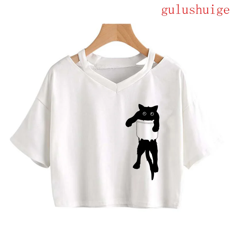 Y2k Crop Top Funny Cute Cat T Shirt Women Shirt Cropped Harajuku Graphic Ulzzang T-shirt 90s Tshirt Top Tee Female Gothic