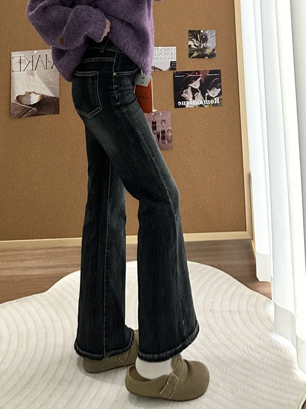 미국 스타일 슬림핏 루즈핏 로우 웨이스트 여성용 청바지 벨보텀 편안한 논핏 가을 겨울용...