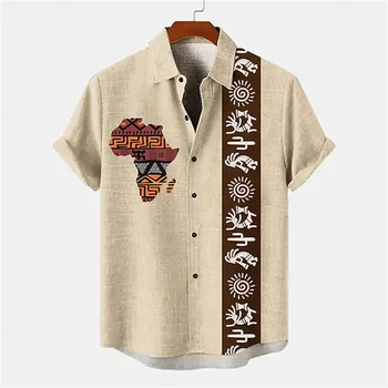 Camisa masculina estampada com totem étnico 3D 2024 verão moda manga curta camiseta casual solta retrô botão camisa de baixo design simples