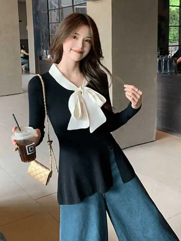 Elegant V-neck Long Sleeve Knitted Sweater Women's Slim Fit  Knot Design Fashionable Split Upper Body French Style