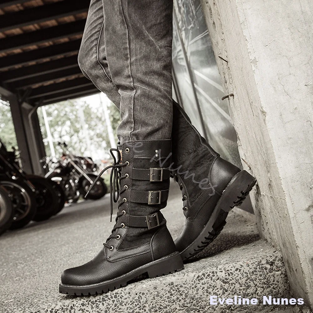 Black Leather Mid Calf Motorcycle Boots Men Multi Metal Buckle Lace Up Round Toe Anti Slip Tall Boots Retro Gothic Riding Boots