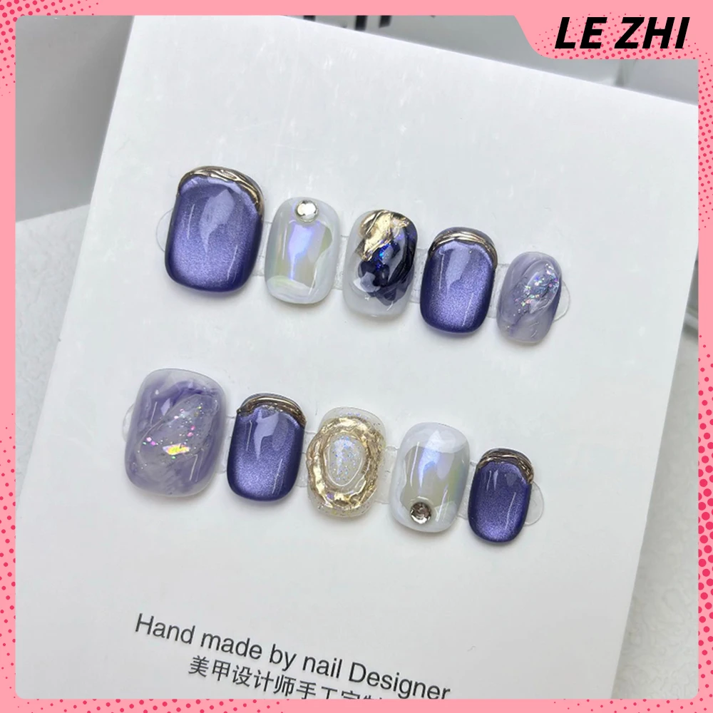 10Pcs Cute Handmade Manicure Short Round Square Shape False Nails Autumn Winter Cat Eye Leopard Print Detachable Fake Nails