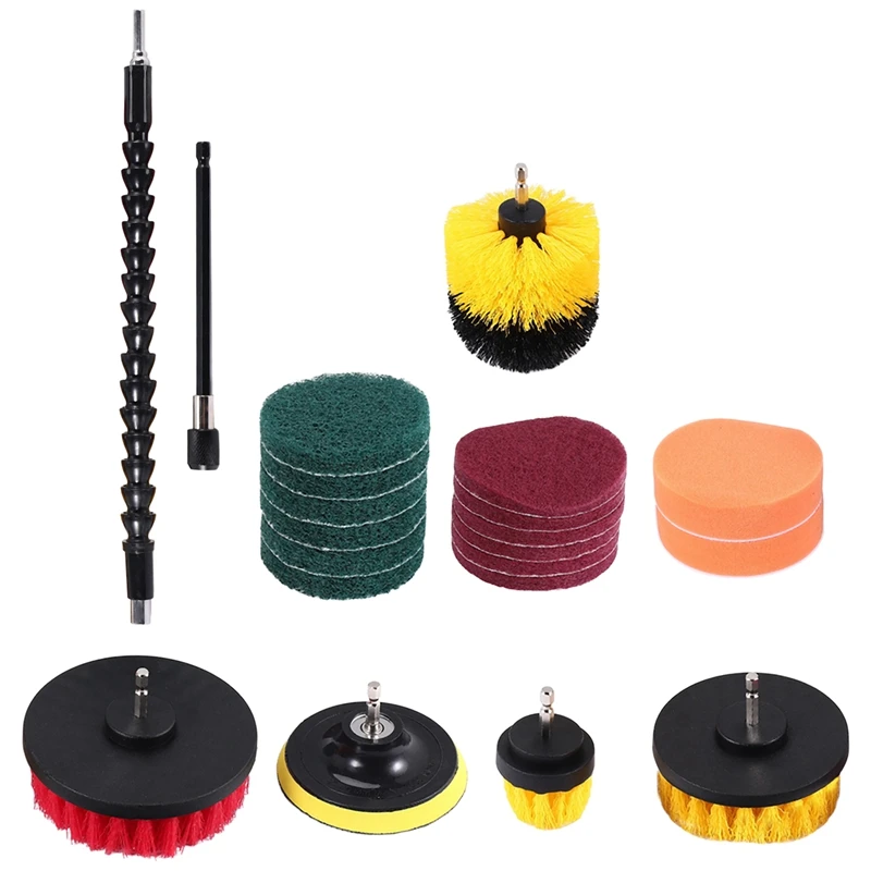 21 Piece Drill Brush Attachments Set Scrub Pads Sponge Power Scrubber Brush With Rotate Extend Long Attachment All Purpose Clean