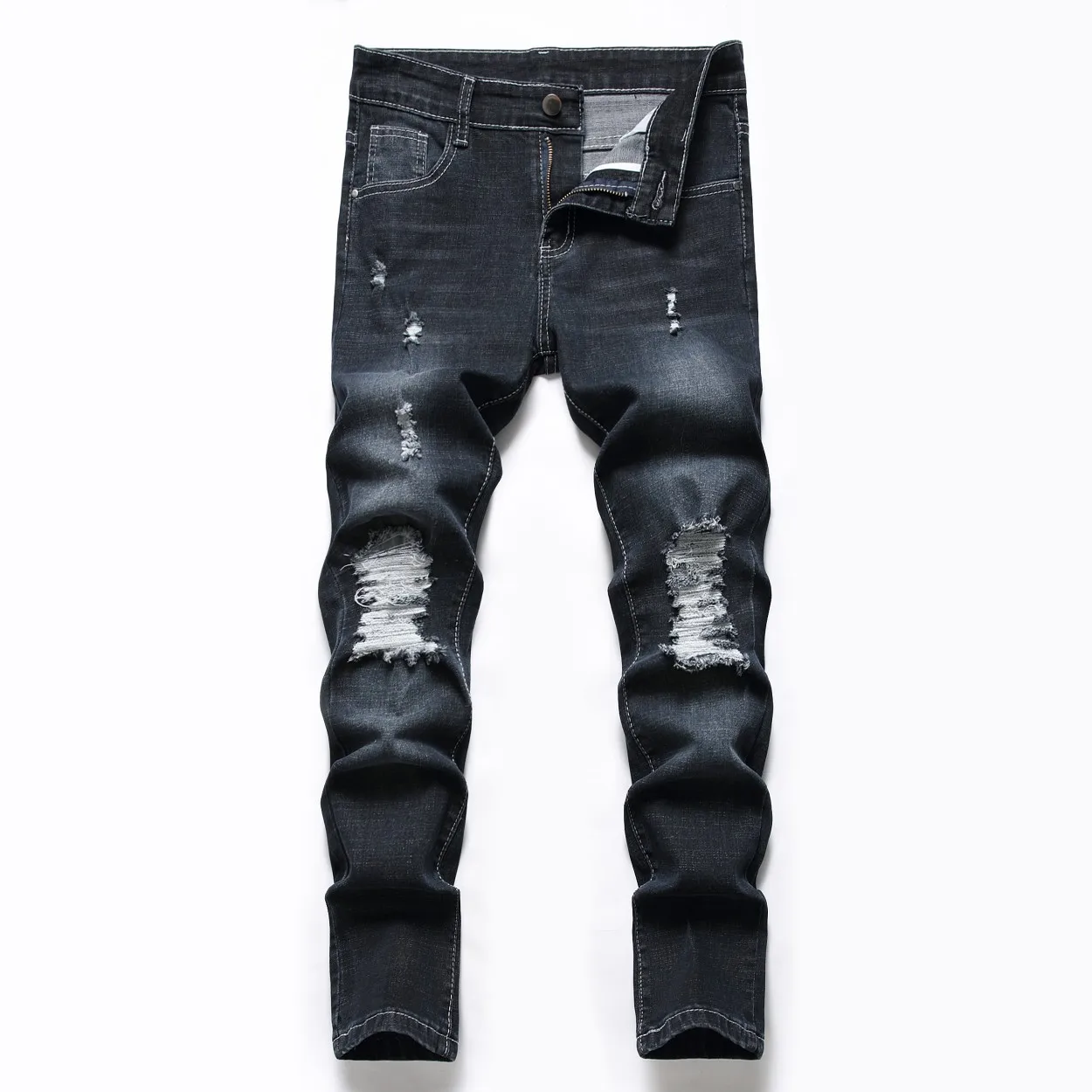

Boy Children Jeans Straight Pants Hole Ripped Trousers Mid Waist Stretch Washed Distressed Big Kids Denims Streetwear 2025