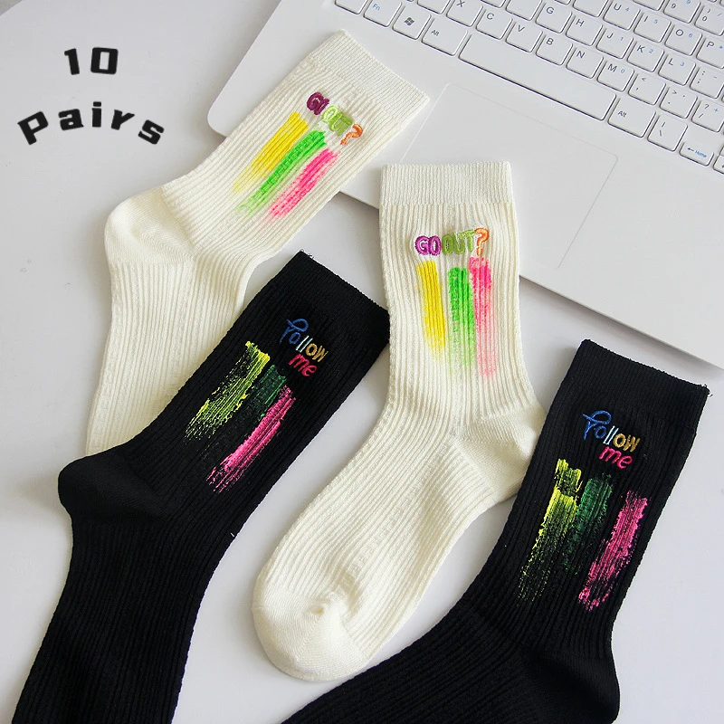 10 Pairs Of Socks Women's Socks Trend Stacking Socks Splash Ink Graffiti Letters Embroidery Sports Socks