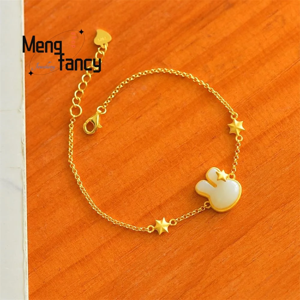 S925 Silver Natural Hetian Jade Rabbit Exquisite Elegant Simple High-grade Bracelet Luxury Fashion Jewelry Couple Holiday Gifts