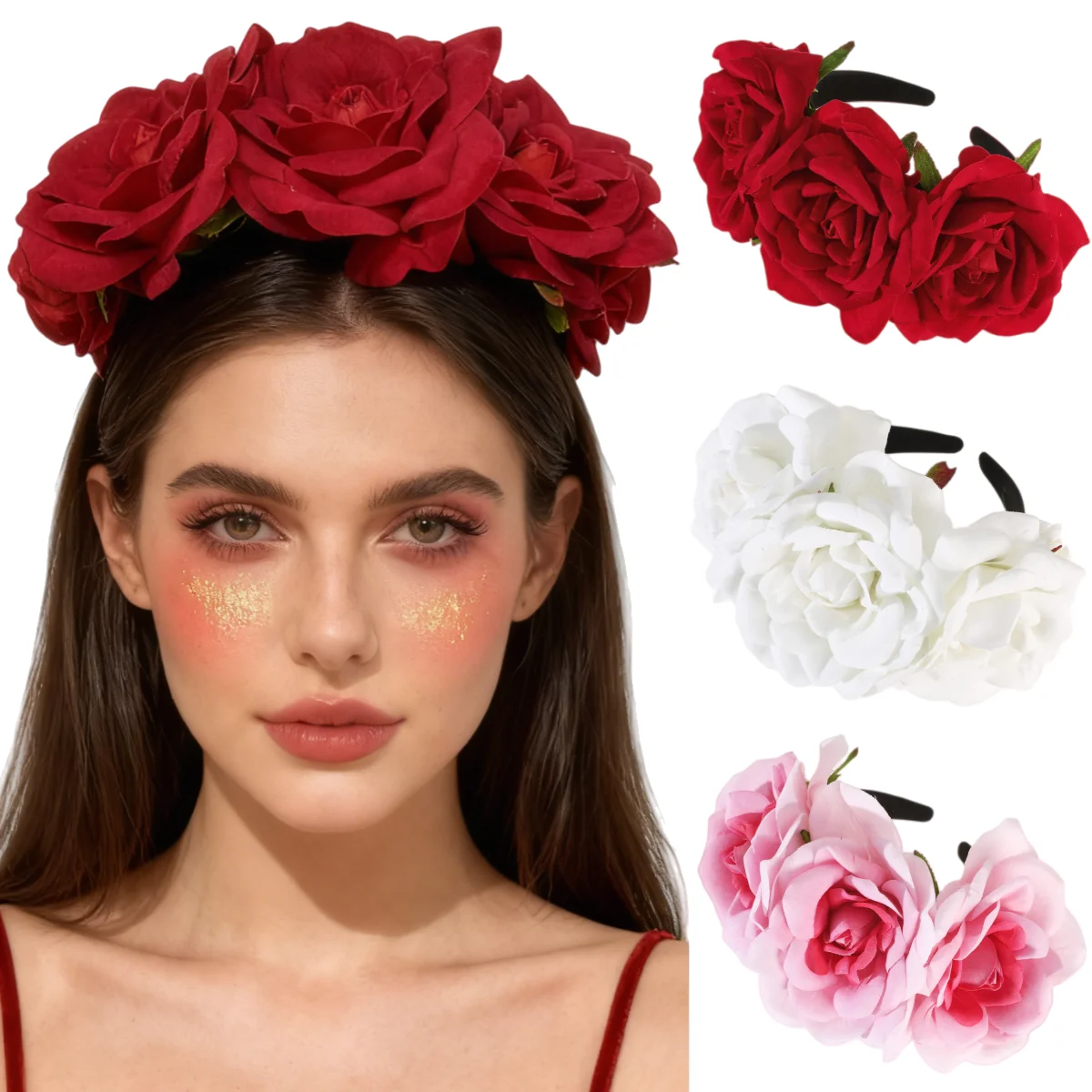 

Rose Flowers Head Hoop Women Bridal Girl Wedding Headpiece Valentine's Day Hair Band Artificial Wreaths Garland Floral Headband
