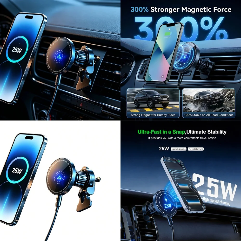 25W Magnetic Car Wireless Charger Super Fast for iPhone 17 16 15 14 13 12 Pro Max Car Air Vent Mount Holder Smart Charging
