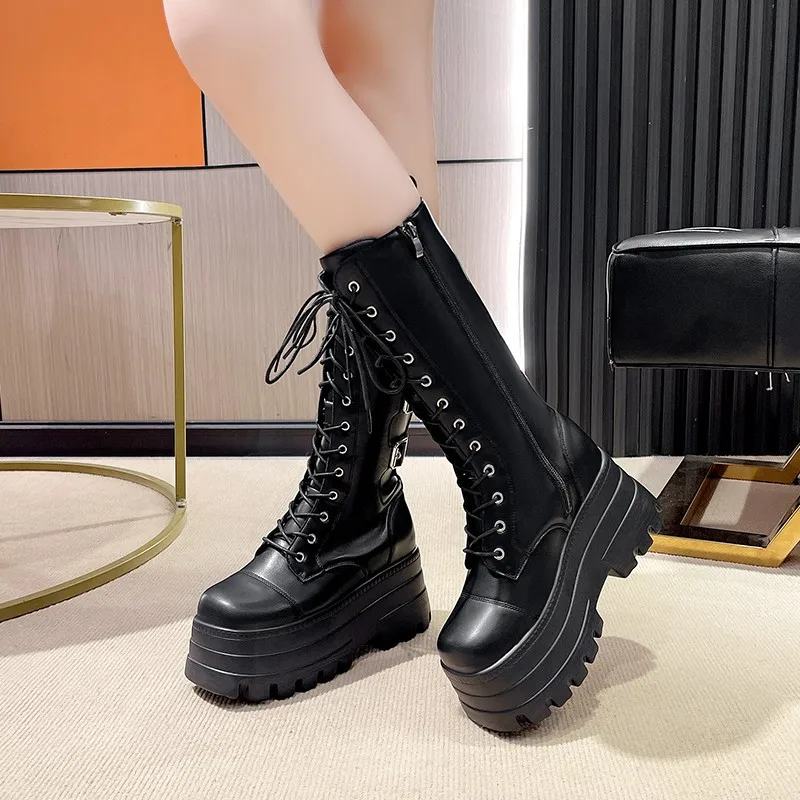 9CM Large Size43 Platform Boots High Quality Round Head Thick Sole Women's Booties British Belt Buckle Women's Boots Botas Mujer