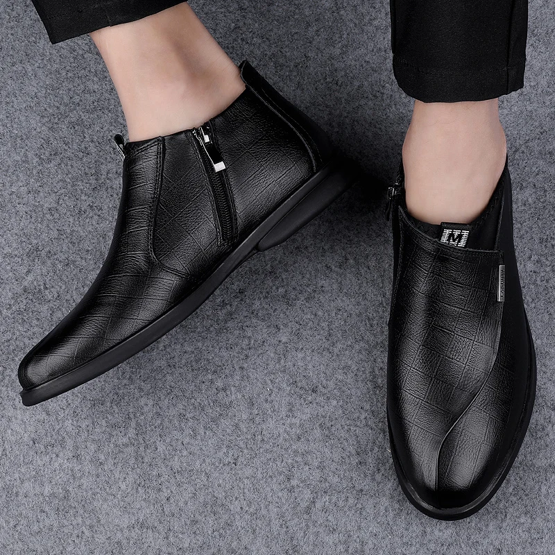 Men's New Top Layer Cowhide Black High Top Boots Formal Dress Shoes Business Casual Office Work Shoes Winter Plush Short Boots