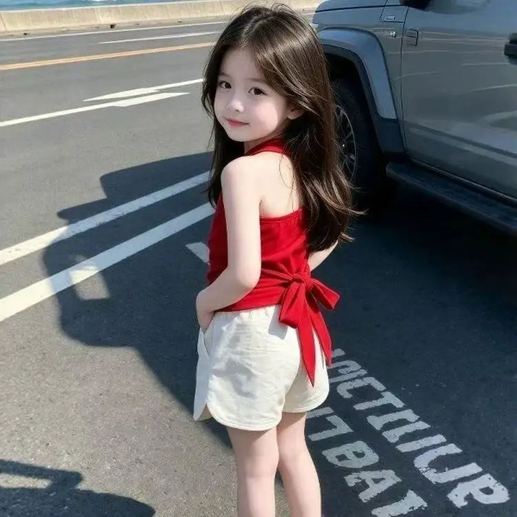 Girls' Summer Set 2026 New Baby Fashion Hanging Neck Butterfly Dew Back Top Casual Shorts Two Piece Set