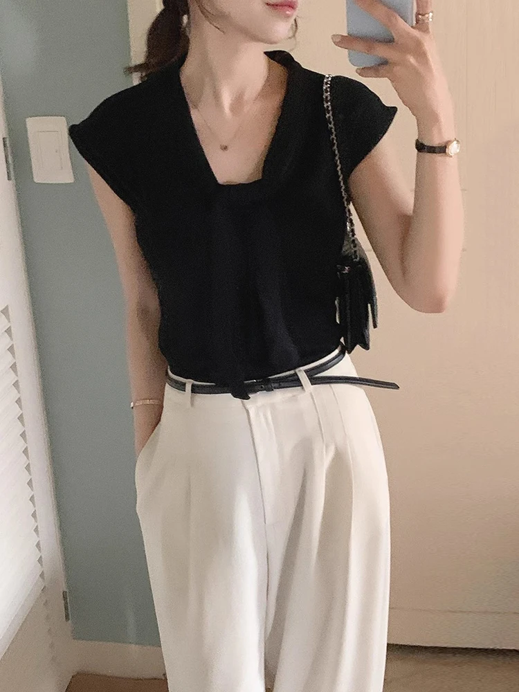 

Chic Summer V-Ne Ice Silk Knitted Sweater Women's Slim Fit oulder Drape Svel Top Sweet Sle Regular Length