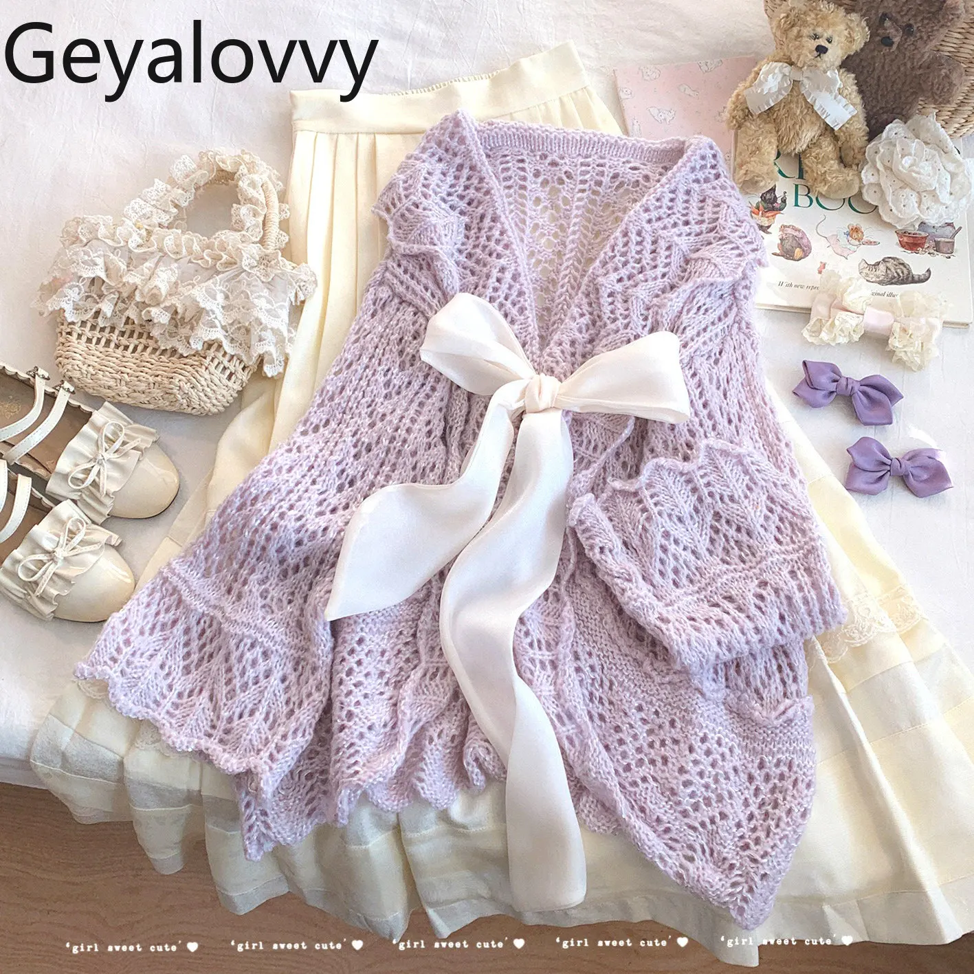 

Нежный женственный вязаный кардиган с бантом и ажурными элементами, весна 2026, новая универсальная модель с V-образным вырезом и длинными рукавами, свитер-пальто