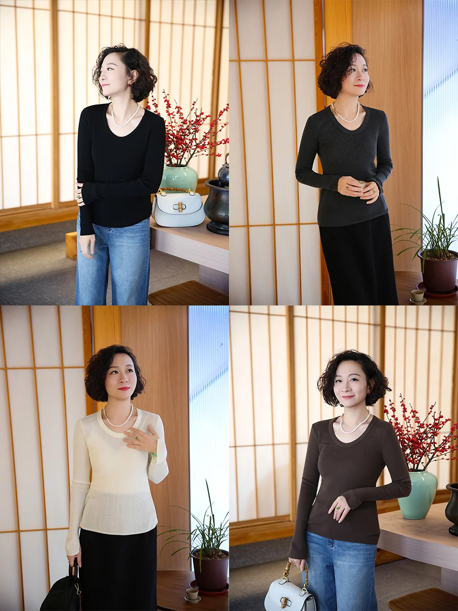 

Женский облегающий вязаный свитер Ele Round Ne из шелково-шерстяной смеси: комфортный, модный, с длинным рукавом, базовый слой