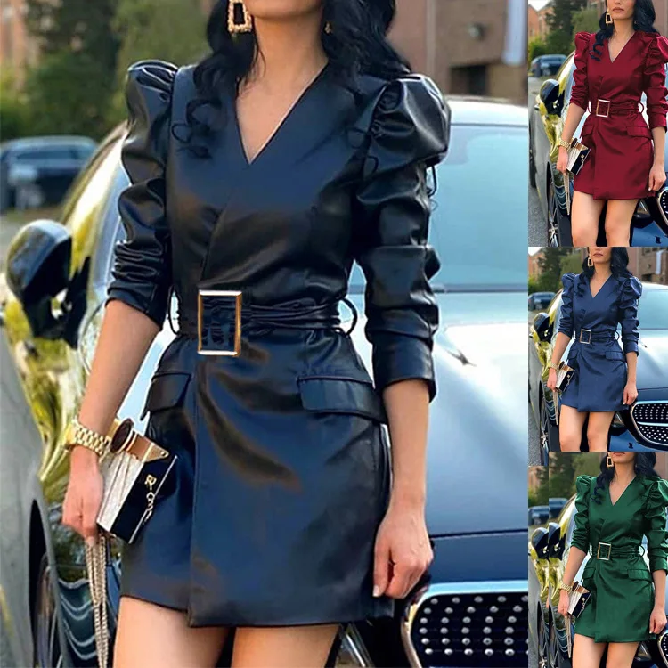 

Women's Clothing PU Leather V-neck Puff Sleeve Slim Dress Including Belt Sexy Solid Color Mini Dress