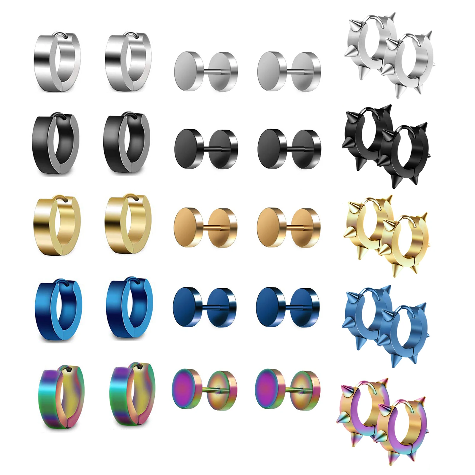 1/5 Pairs Hip Hop Punk Stainless Steel Men Women Round Rivet Spike Huggie Hoop Earrings Screw Dumbbell Gothic Stud Earrings Gift