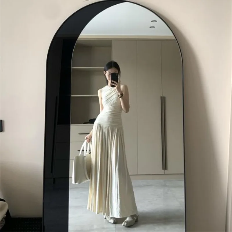 فستان ميدي عتيق مكشكش بدون أكمام للنساء بخصر عالٍ مطوي على شكل حرف A فستان طويل للسيدات ملابس صيفية أنيقة عصرية 2025