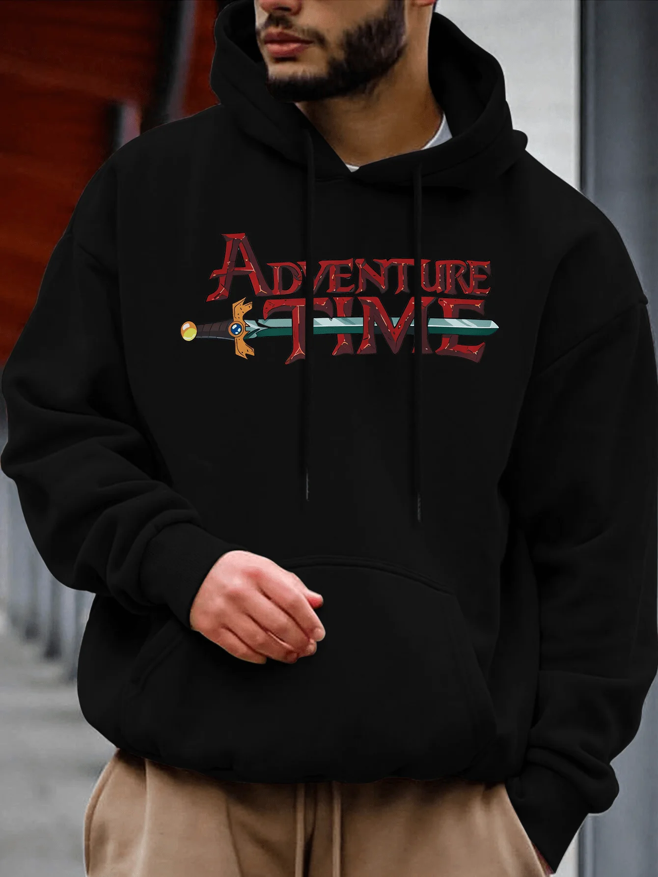

Мужская толстовка с капюшоном Adventure Time, черная, карман-кенгуру, смесь полиэстера, осень/зима