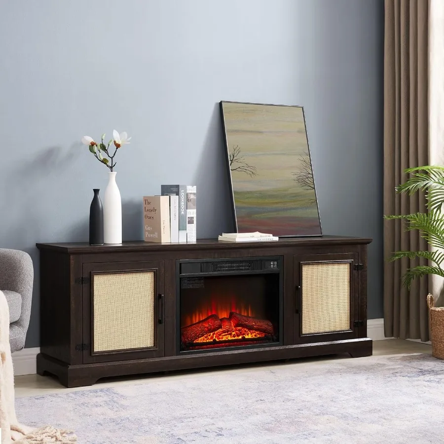 

65 Wide Rattan Door TV Stand with Builtin 23 Electric Fireplace Entertainment Center Modern TV Console Table for TVs up to 75 I