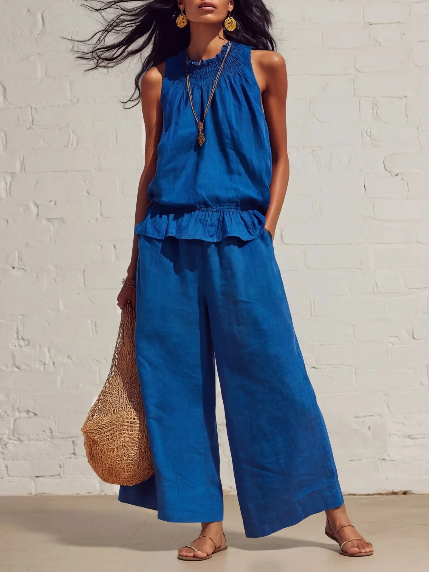 New Summer Casual, Comfortable, Fashionable Cotton And Linen Two-piece Set For Women's Sleeveless Ruffled Wide Leg Pants Set