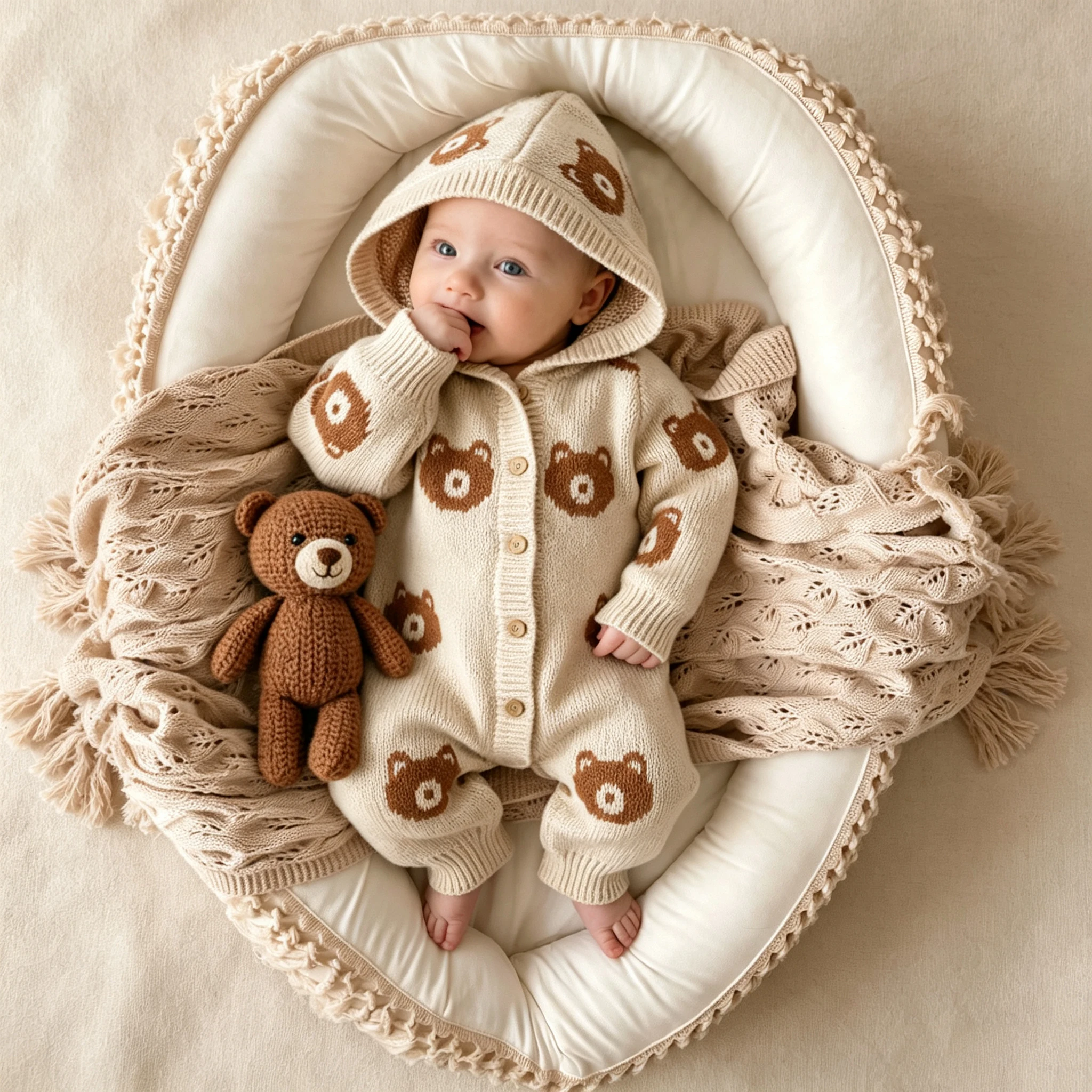 Newborn Photography Outfits Bear Knit Hooded Jumpsuit Soft Baby Long Sleeve Onesie Infant Neutral Bear Print Romper-HD