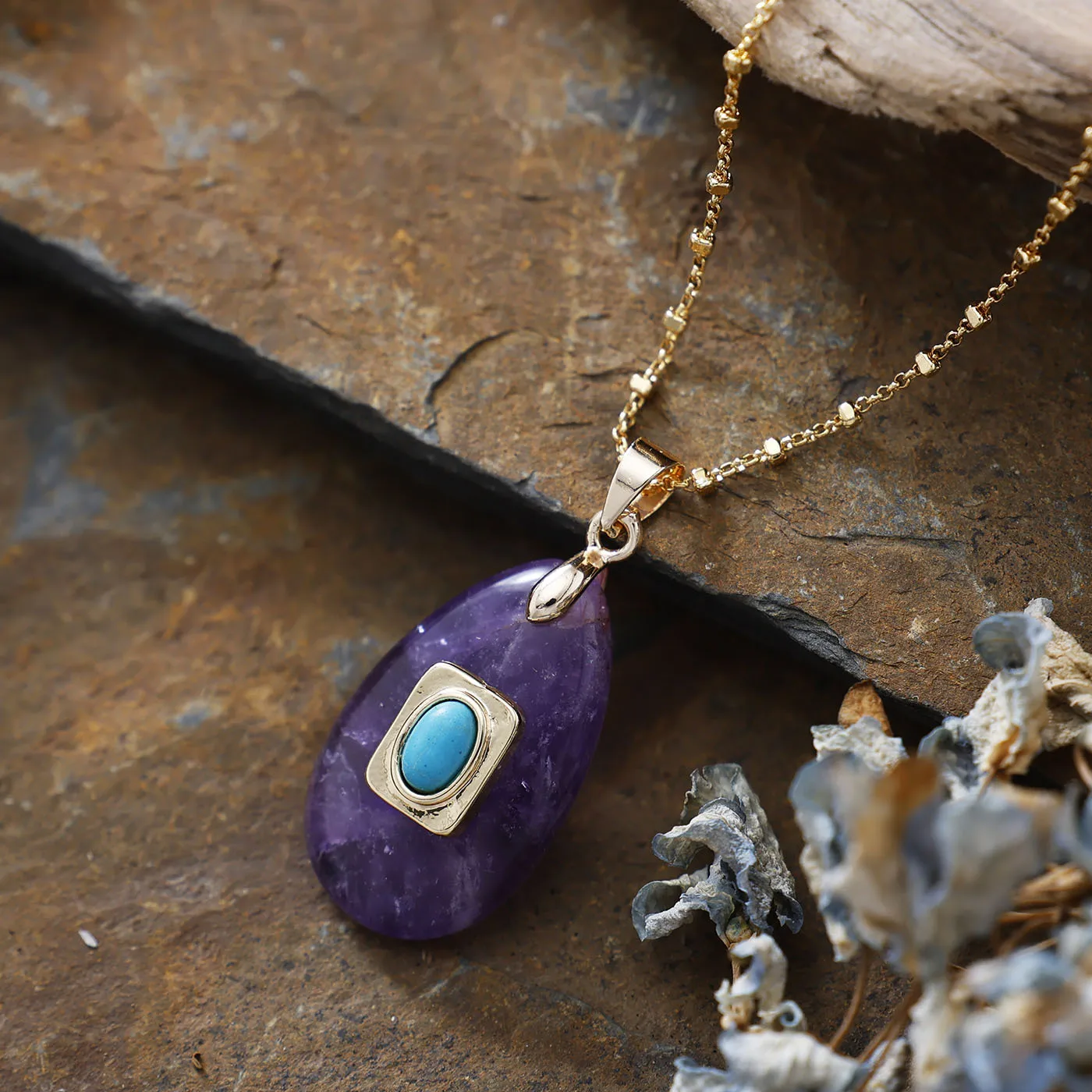 Dainty Handmade Natural Gemstone Teardrop Pendant Necklace With Turquoise Inlay Gold Tone Chain Layerable Boho Jewelry For Women