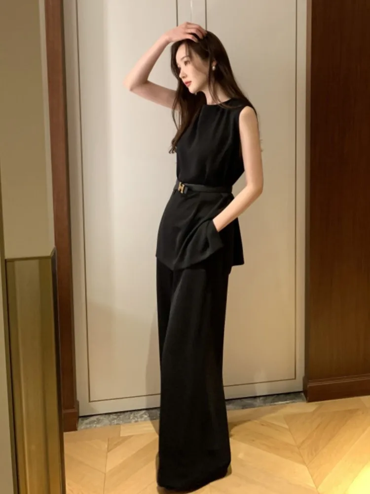 Casual Solid Belt Tank + Top High Waist Wide Leg Pant Sets Office Lady Commuter Loose Trouser Summer 2 Piece Set Women Outfit