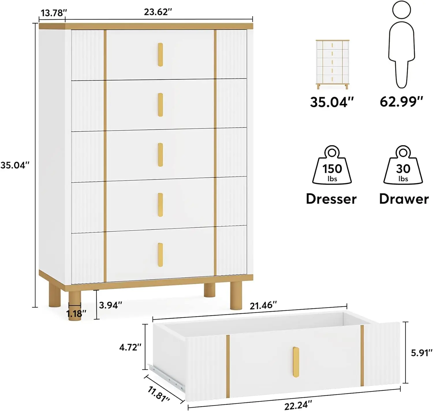 Cómoda para dormitorio con 5 cajones, moderna, alta, 5 cajones, organizador de almacenamiento, con mango dorado