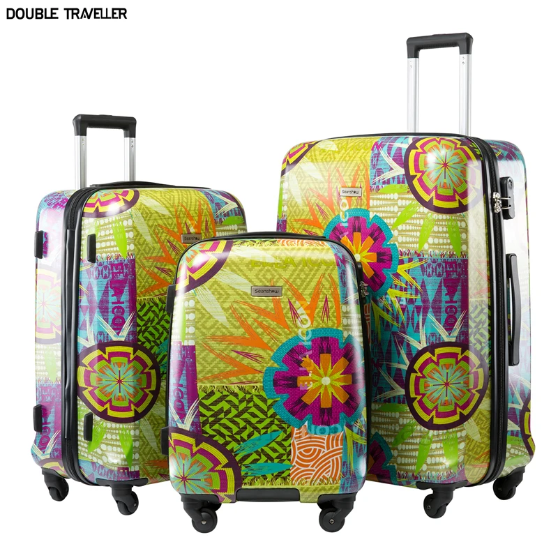 

20‘’24/28 inch travel suitcase spinner wheels Flowers graffiti rolling luggage 3PCS colourful hariside trolley luggage bag set