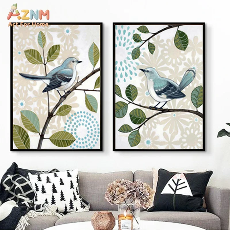 AZNM Minimalist Blue Bird on Branch Canvas Print Floral Background Wall Art Decor