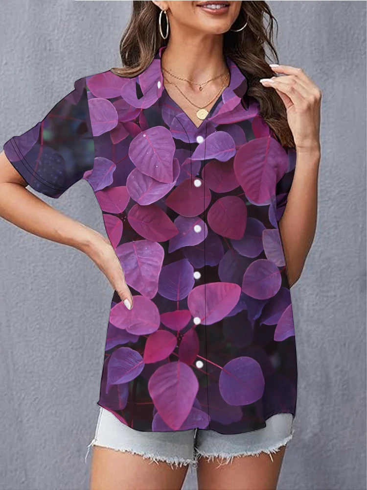 Temperament Elegant Fashion Women's Shirt Purple Leaves 3d Digital Printing Shirt Summer Cool Loose Casual Short Sleeve Shirt