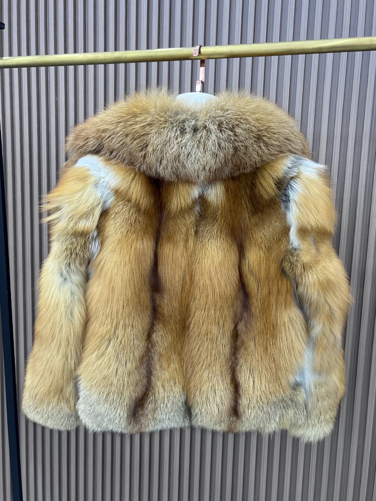 Women New Fashion Real Silver Fox Fur Jacket Full Pelt Fluffy Fur Luxury Natural Red Fox Coats Overcoat Long Sleeve