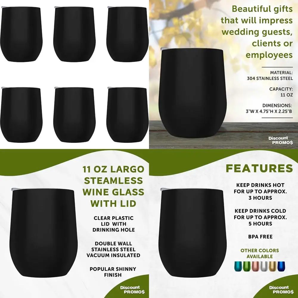 

Set of 6 Stemless Wine Tumblers with Lids - 11 oz Bulk Pack for Wine, Cocktails, and More