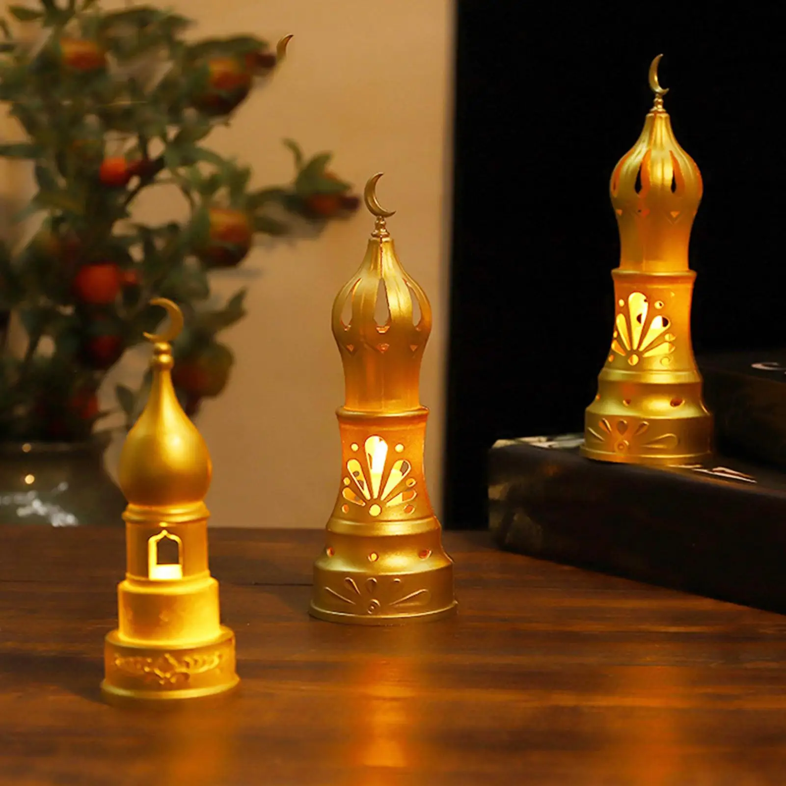 LED Candle Decorative Light Tower Moon Battery Powered Lantern Middle Eastern Ramadan Mini Golden Moon Tower Flameless Candle